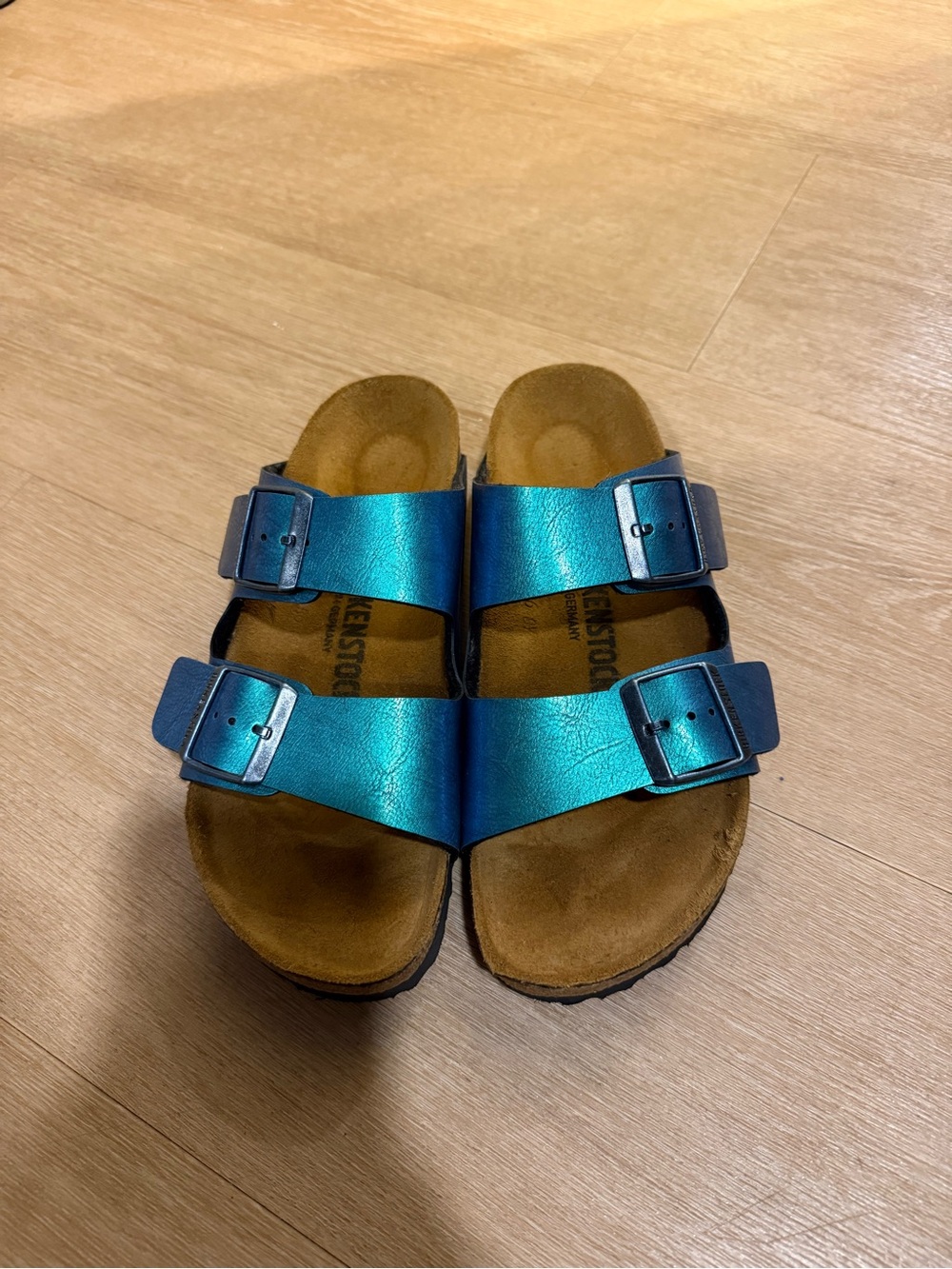 Metallic Teal Double-Buckle Birkenstock Arizona Sandals